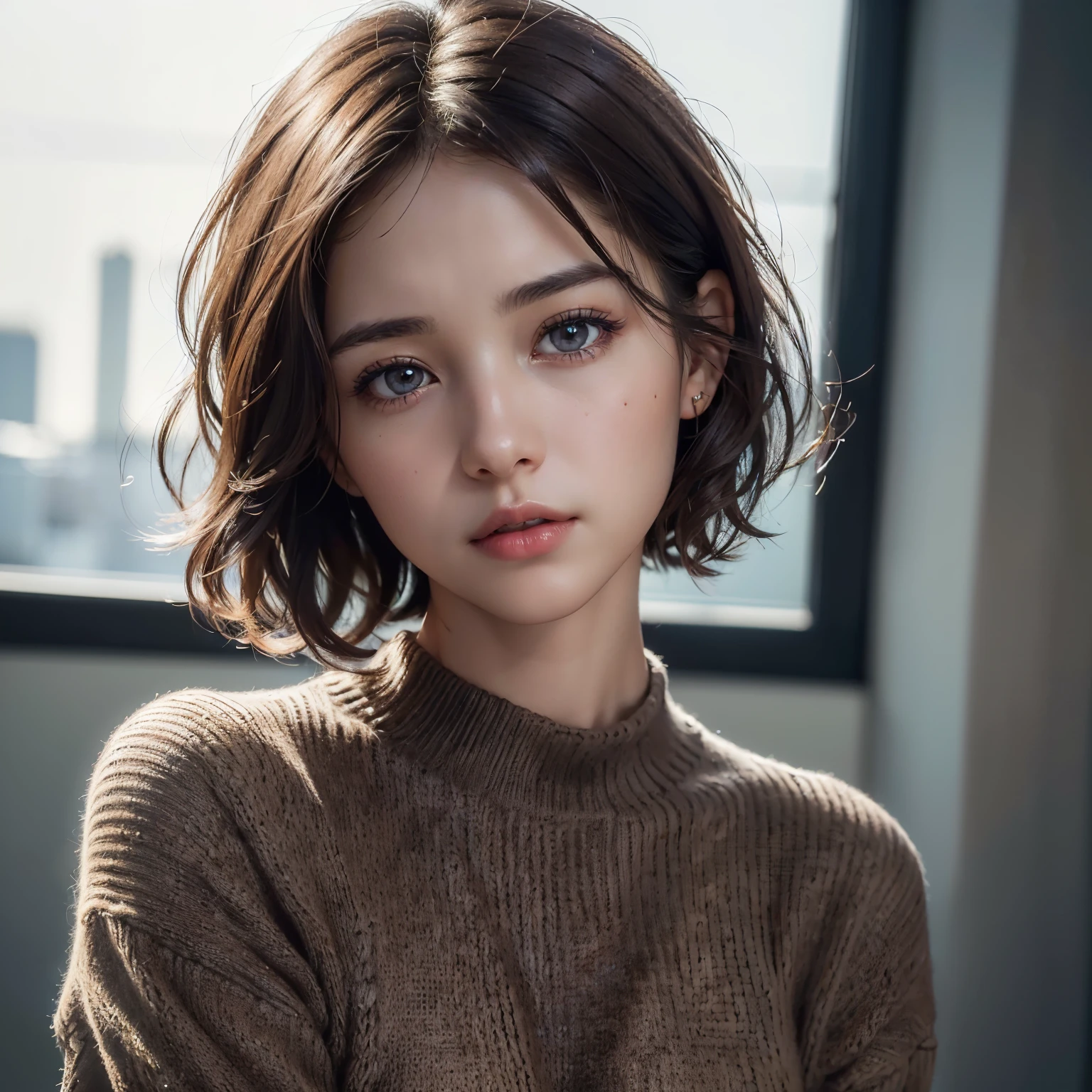 (Representative works:1.3), (8K, photorealistic, RAW photo, Highest image quality: 1.4), (1girl), beautiful face, (realistic face), (dark brown hair、short hair:1.3), beautiful hairstyle, realistic eyes, beautiful detailed eyes, (realistic skin), beautiful skin, (sweater), disorganized, Charm, ultra high resolution, Super realistic, High definition, golden ratio、Gray background