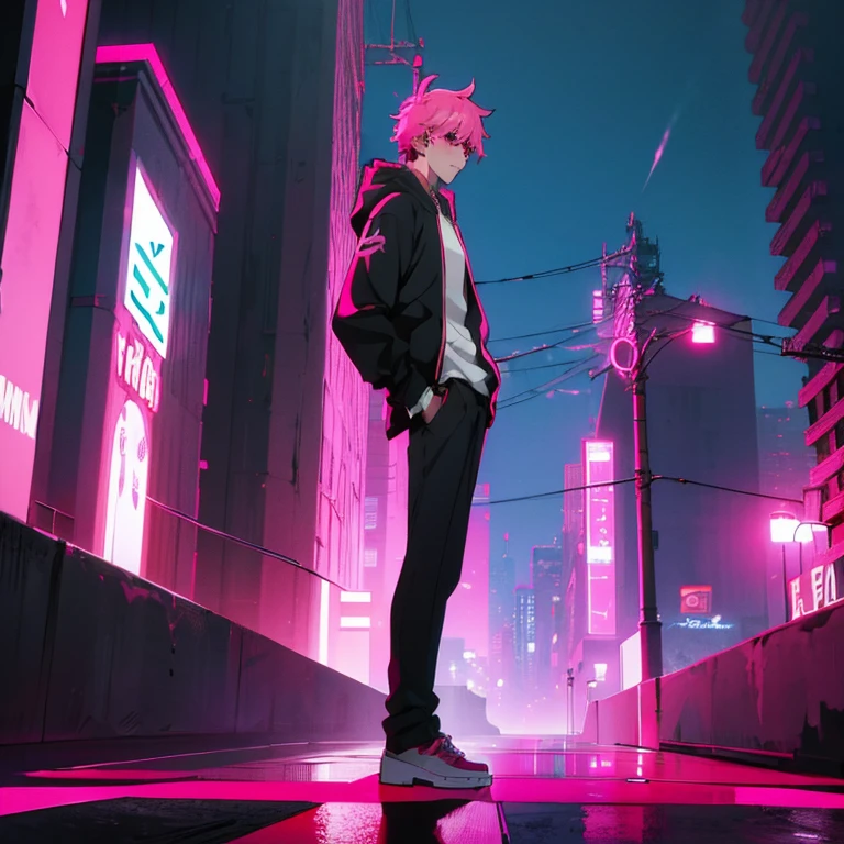 (shortcut), (two block hair), (bright pink hair), (male character), (red eyes), (cool pose), (top quality), (masterpiece), (Super detailed), (oversized hoodie), (Street style), (neon), (modern city), (neonデイライト), (cinematic), (stylish), (High resolution), (hyper-detailed), (soft town), (Nightcore), (a handsome guy), (Wear headphones), (natural appearance of the building), (casual), (IGスタジオanime style), (standing pose), (Shooting from a low angle),  (anime style)