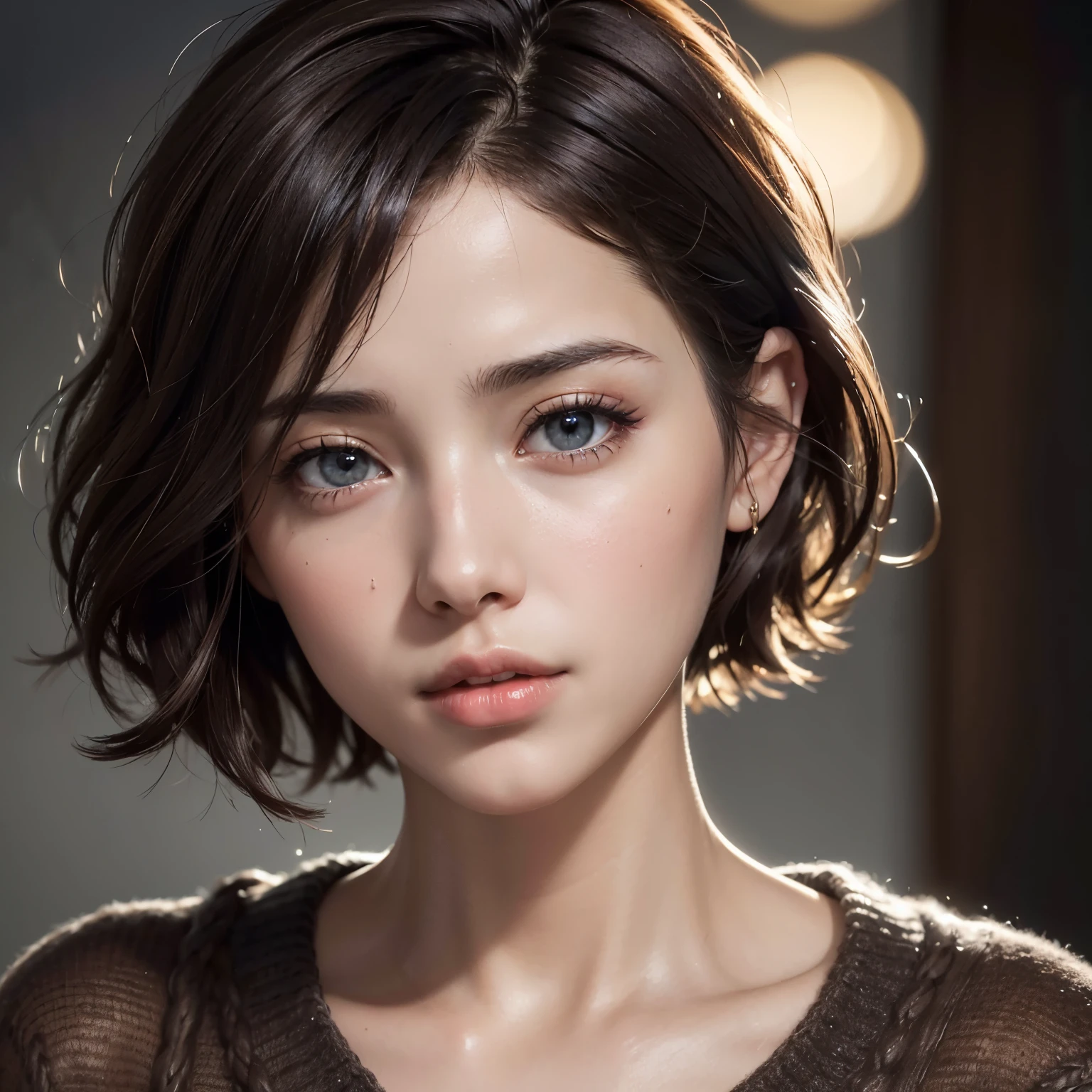 (Representative works:1.3), (8K, photorealistic, RAW photo, Highest image quality: 1.4), (1girl), beautiful face, (realistic face), (dark brown hair、short hair:1.3), beautiful hairstyle, realistic eyes, beautiful detailed eyes, (realistic skin), beautiful skin, (sweater), disorganized, Charm, ultra high resolution, Super realistic, High definition, golden ratio、Gray background