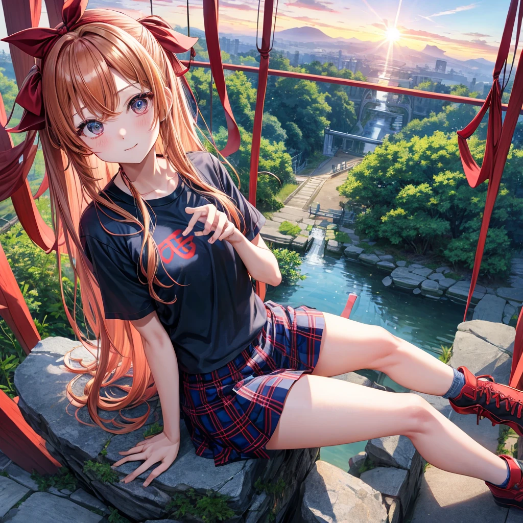 Red-blonde、blue hair、blue eyeraid、one good looking girl、solo、anime、Plaid miniskirt、black t-shirt、camisole、forest、sitting、Wearing a plaid baseball cap、Tilting your face、Doing the ribbon、sunset sky、stone bridge、stone stairs、petal、A small bird flying、big tree、tunnel、Bang、stretching one's back、Fallen leaveixing glasses、Overlooking view
