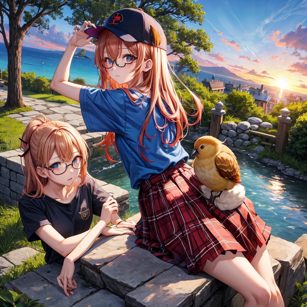 Red-blonde、blue hair、blue eyeraid、one good looking girl、solo、anime、Plaid miniskirt、black t-shirt、camisole、forest、sitting、Wearing a plaid baseball cap、Tilting your face、Doing the ribbon、sunset sky、stone bridge、stone stairs、petal、A small bird flying、big tree、tunnel、Bang、stretching one's back、Fallen leaveixing glasses、Overlooking view