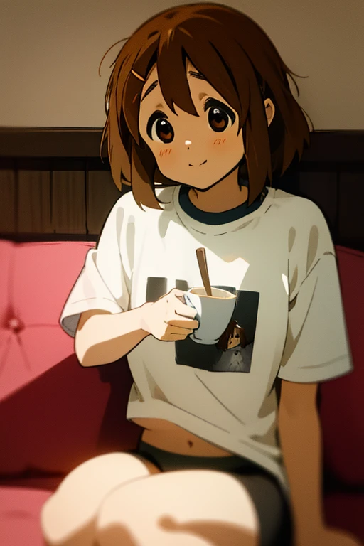 ((masterpiece)), Yui Hirasawa , 1 girl, smile, short torso, short brown hair, Large size T-shirt,black string underwear,indoor,１sit on a sofa, Over a cup of tea, 