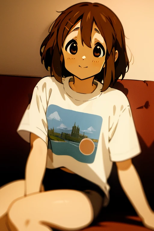 ((masterpiece)), Yui Hirasawa , 1 girl, smile, short torso, short brown hair, Large size T-shirt,black string underwear,indoor,１sit on a sofa, Over a cup of tea, 