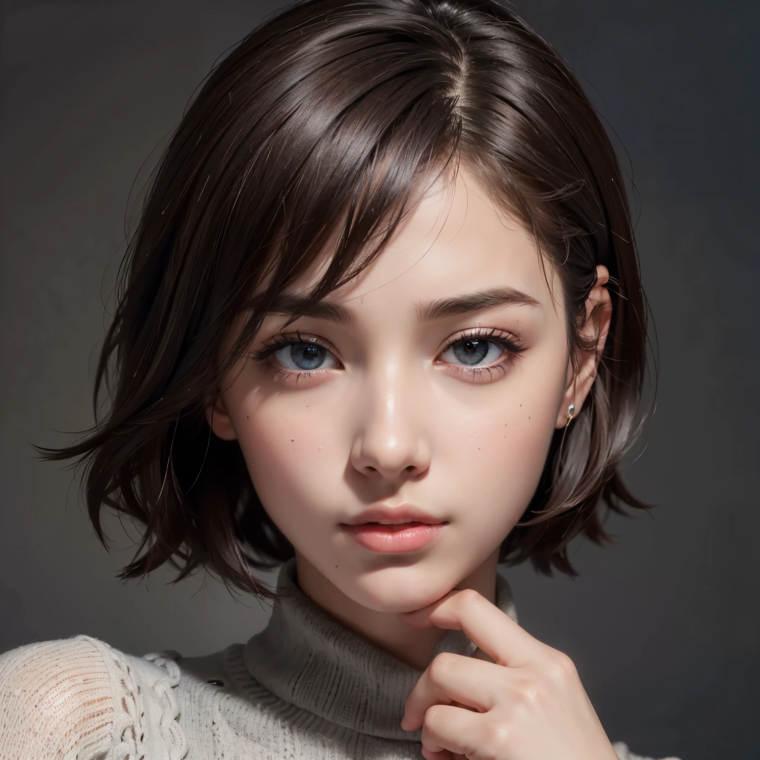 (Representative works:1.3), (8K, photorealistic, RAW photo, Highest image quality: 1.4), (1girl), beautiful face, (realistic face), (dark brown hair、short hair:1.3), beautiful hairstyle, realistic eyes, beautiful detailed eyes, (realistic skin), beautiful skin, (sweater), disorganized, Charm, ultra high resolution, Super realistic, High definition, golden ratio、Gray background