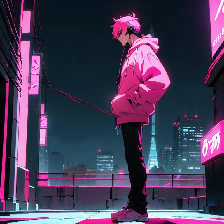 (shortcut), (two block hair), (bright pink hair), (male character), (red eyes), (cool pose), (top quality), (masterpiece), (Super detailed), (oversized hoodie), (Street style), (neon), (modern city), (neonデイライト), (cinematic), (stylish), (High resolution), (hyper-detailed), (soft town), (Nightcore), (a handsome guy), (Wear headphones), (natural appearance of the building), (casual), (IGスタジオanime style), (standing pose), (Shooting from a low angle), (anime style)