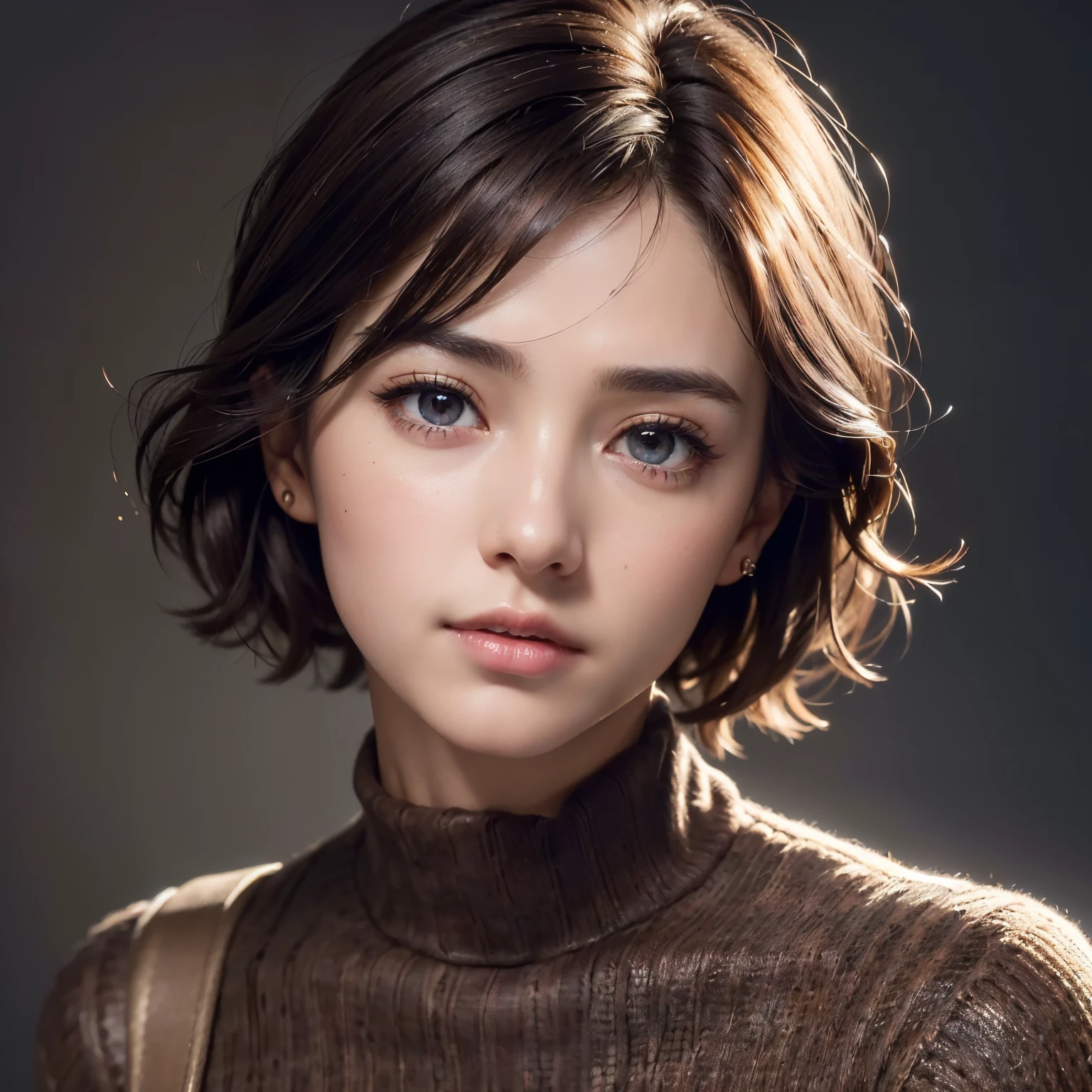 (Representative works:1.3), (8K, photorealistic, RAW photo, Highest image quality: 1.4), (1girl), beautiful face, (realistic face), (dark brown hair、short hair:1.3), beautiful hairstyle, realistic eyes, beautiful detailed eyes, (realistic skin), beautiful skin, (sweater), disorganized, Charm, ultra high resolution, Super realistic, High definition, golden ratio、Gray background