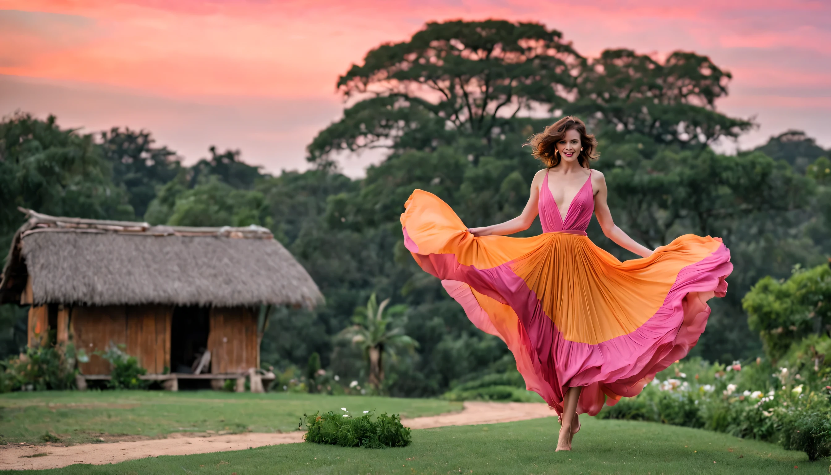 Graceful and fluttering nymph, "Milla Jovovich com vestido Vinho longo", in a scenario. mundo de fantasia encantador. Montanhas majestosas se erguem ao fundo, enquadrando um vale verdejante e sereno. Uma casa de campo pitoresca aparece em primeiro plano, with its rustic wooden structure and thatched roof, perfeitamente integrado no campo. O riacho cristalino que serpenteia perto da casa emite um som reconfortante, enquanto as cores suaves da natureza pintam uma paleta serena ao redor. Butterflies and bees dance in the small flower garden. The sunset paints the sky with shades of orange and pink, Creating a magical spectacle on the horizon.
