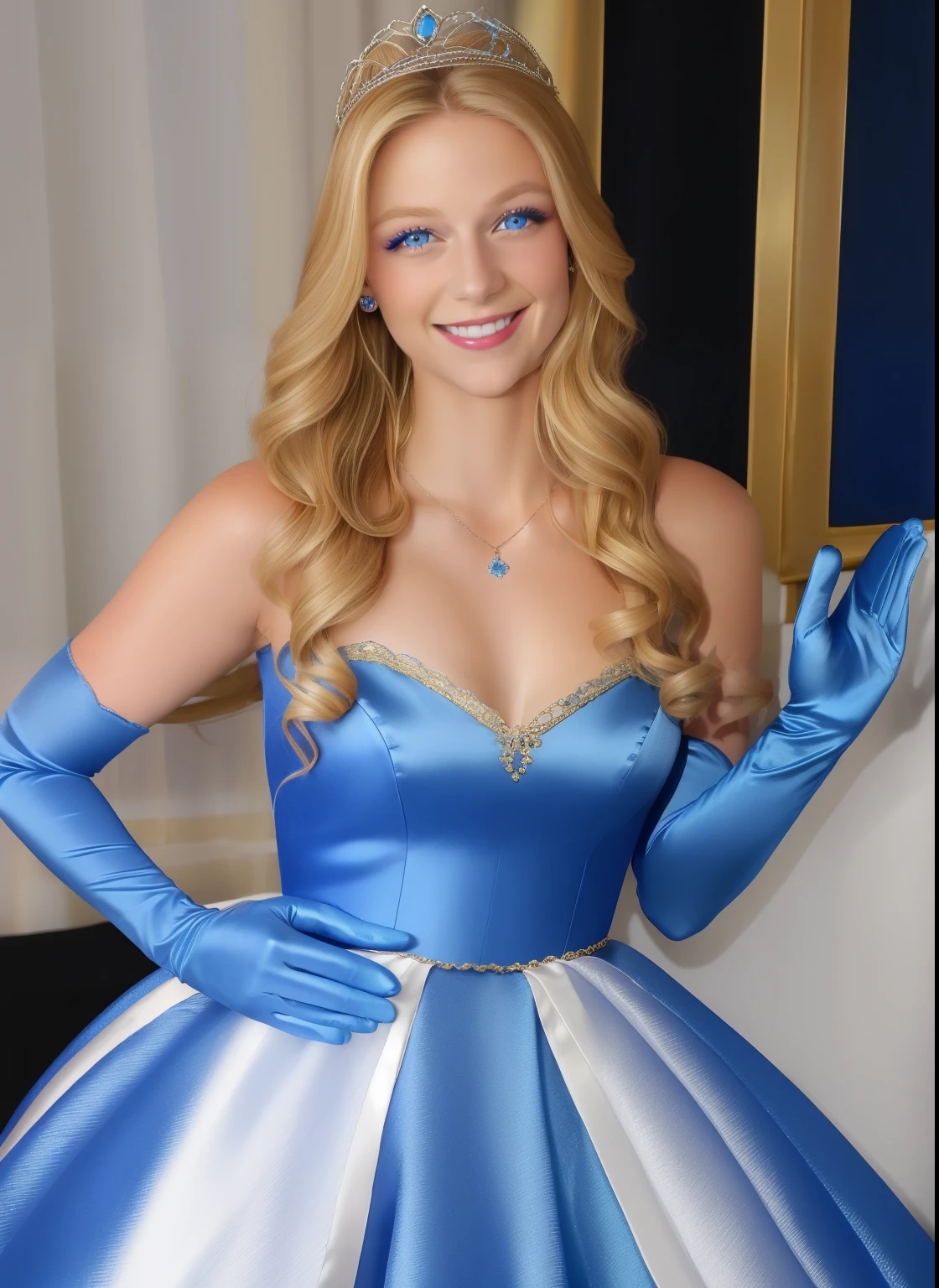  1girl, solo,melissa benoist, a woman with long blonde hair, smile, blonde hair, gloves, blue satin dress, jewelry, white satin gloves, long white satin elbow gloves, necklace, blue eyes, makeup, tiara, eyeshadow, sexy poses