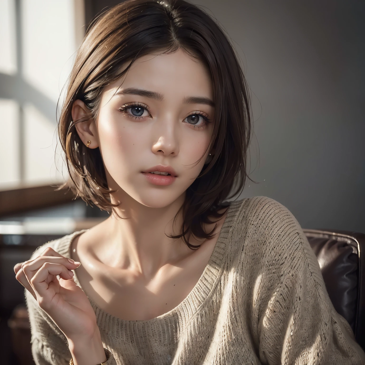 (Representative works:1.3), (8K, photorealistic, RAW photo, Highest image quality: 1.4), (1girl), beautiful face, (realistic face), (dark brown hair、short hair:1.3), beautiful hairstyle, realistic eyes, beautiful detailed eyes, (realistic skin), beautiful skin, (sweater), disorganized, Charm, ultra high resolution, Super realistic, High definition, golden ratio、Gray background