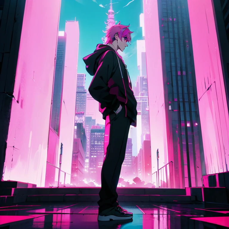 (shortcut), (two block hair), (bright pink hair), (male character), (red eyes), (cool pose), (top quality), (masterpiece), (Super detailed), (oversized hoodie), (Street style), (neon), (modern city), (neonデイライト), (cinematic), (stylish), (High resolution), (hyper-detailed), (soft town), (Nightcore), (a handsome guy), (Wear headphones), (natural appearance of the building), (casual), (IGスタジオanime style), (standing pose), (Shooting from a low angle), (anime style), (multiple angles)