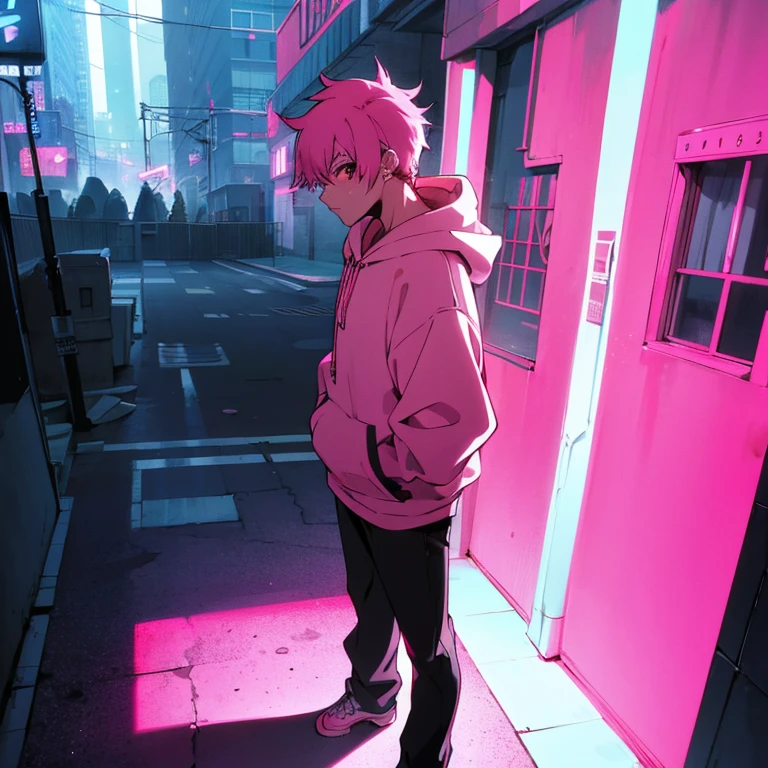 (shortcut), (two block hair), (bright pink hair), (male character), (red eyes), (cool pose), (top quality), (masterpiece), (Super detailed), (oversized hoodie), (Street style), (neon), (modern city), (neonデイライト), (cinematic), (stylish), (High resolution), (hyper-detailed), (soft town), (Nightcore), (a handsome guy), (Wear headphones), (natural appearance of the building), (casual), (IGスタジオanime style), (standing pose), (Shooting from a low angle), (anime style), (multiple angles)