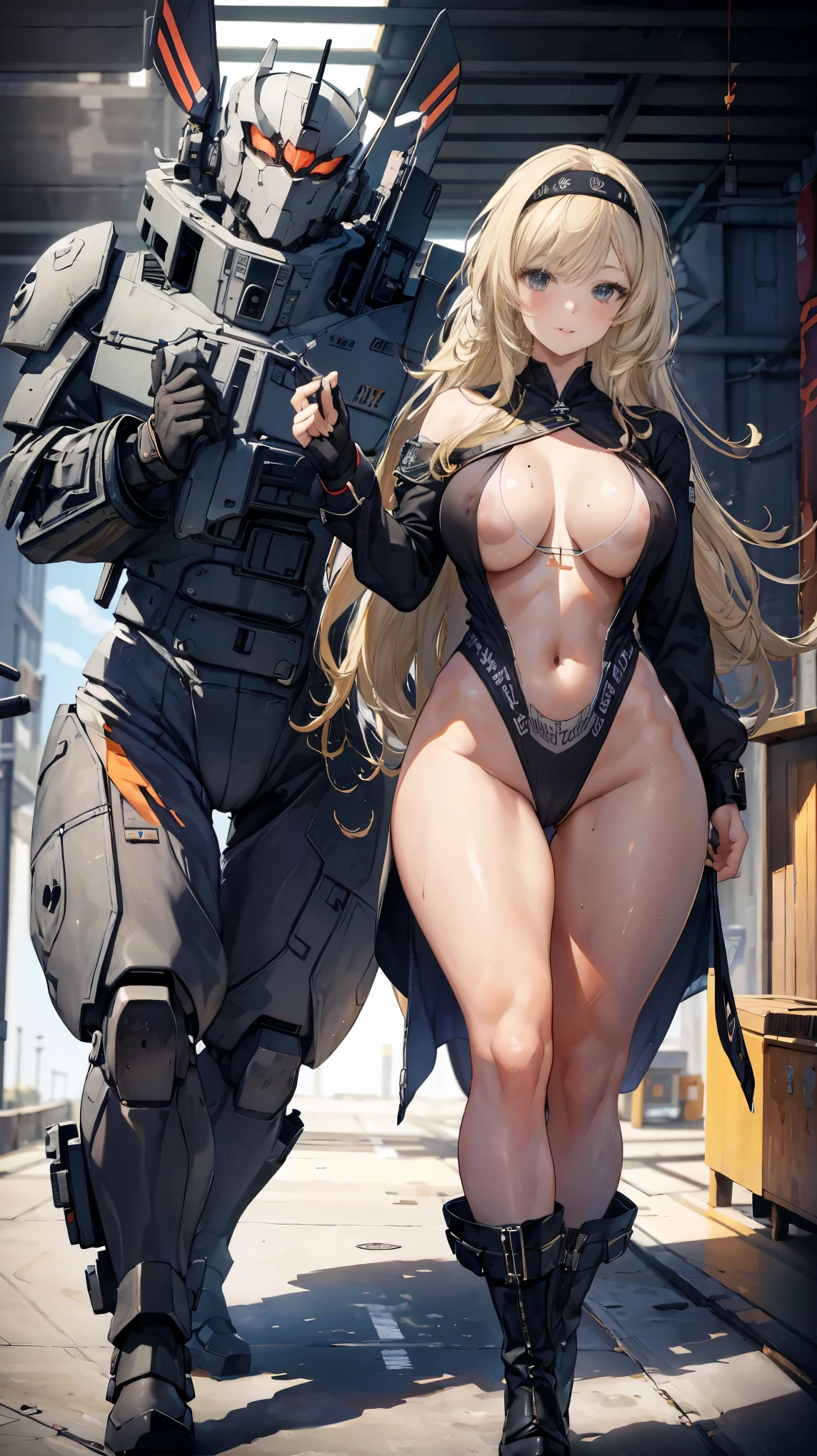 8K, 4k, highest quality, High resolution: 1.2), (masterful, realistic, Photoreal: 1.4), 1 woman, Older sister's atmosphere、beautiful face, she has a bright smile、Shining Lipin Eyes, beholder, Fair skin, white skin: 1.5), Fine complexion, big, big, blonde hair、headband bangs, , young, s asack-view、big ass、super breasts、H cup、lower hair、Rear view、exposed nipples、T-back that digs into your butt、wear a white thong、emphasize the buttocks、ホワイトカラーのCalvinKleinTバック、CalvinKlein、cute long hairstyle、wear high heel boots、A woman standing in front of a giant robot、There's a giant robot standing in the background、A female partner robot is next to you.、she's in the hangar、wearing an arm cover、I'm not wearing anything、CalvinKleinの下着だけ、nude