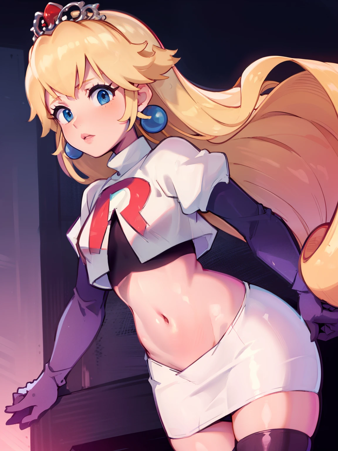 princess_peach, blonde hair ,earrings,team rocket,team rocket uniform, red letter R, white skirt,white crop top,black thigh-highs,black elbow gloves