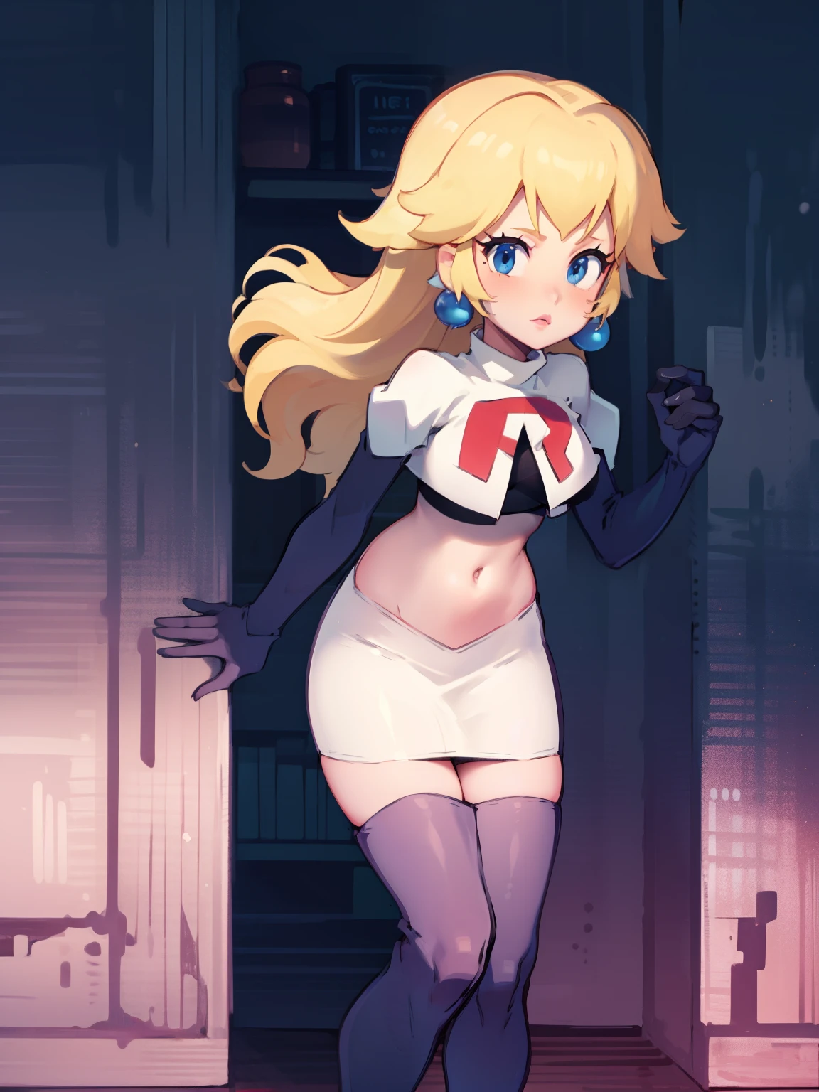 princess_peach, blonde hair ,earrings,team rocket,team rocket uniform, red letter R, white skirt,white crop top,black thigh-highs,black elbow gloves