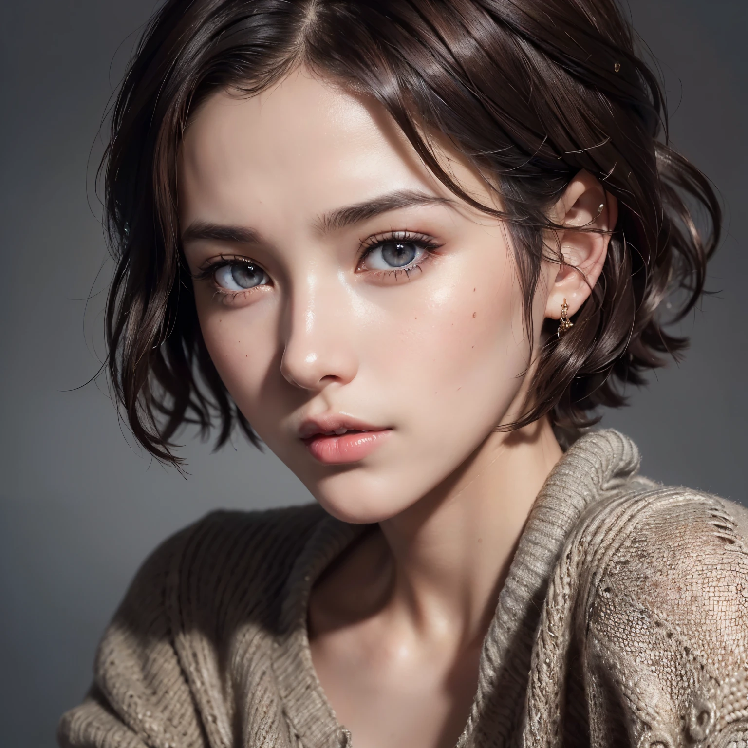 (Representative works:1.3), (8K, photorealistic, RAW photo, Highest image quality: 1.4), (1girl), beautiful face, (realistic face), (dark brown hair、short hair:1.3), beautiful hairstyle, realistic eyes, beautiful detailed eyes, (realistic skin), beautiful skin, (sweater), disorganized, Charm, ultra high resolution, Super realistic, High definition, golden ratio、Gray background