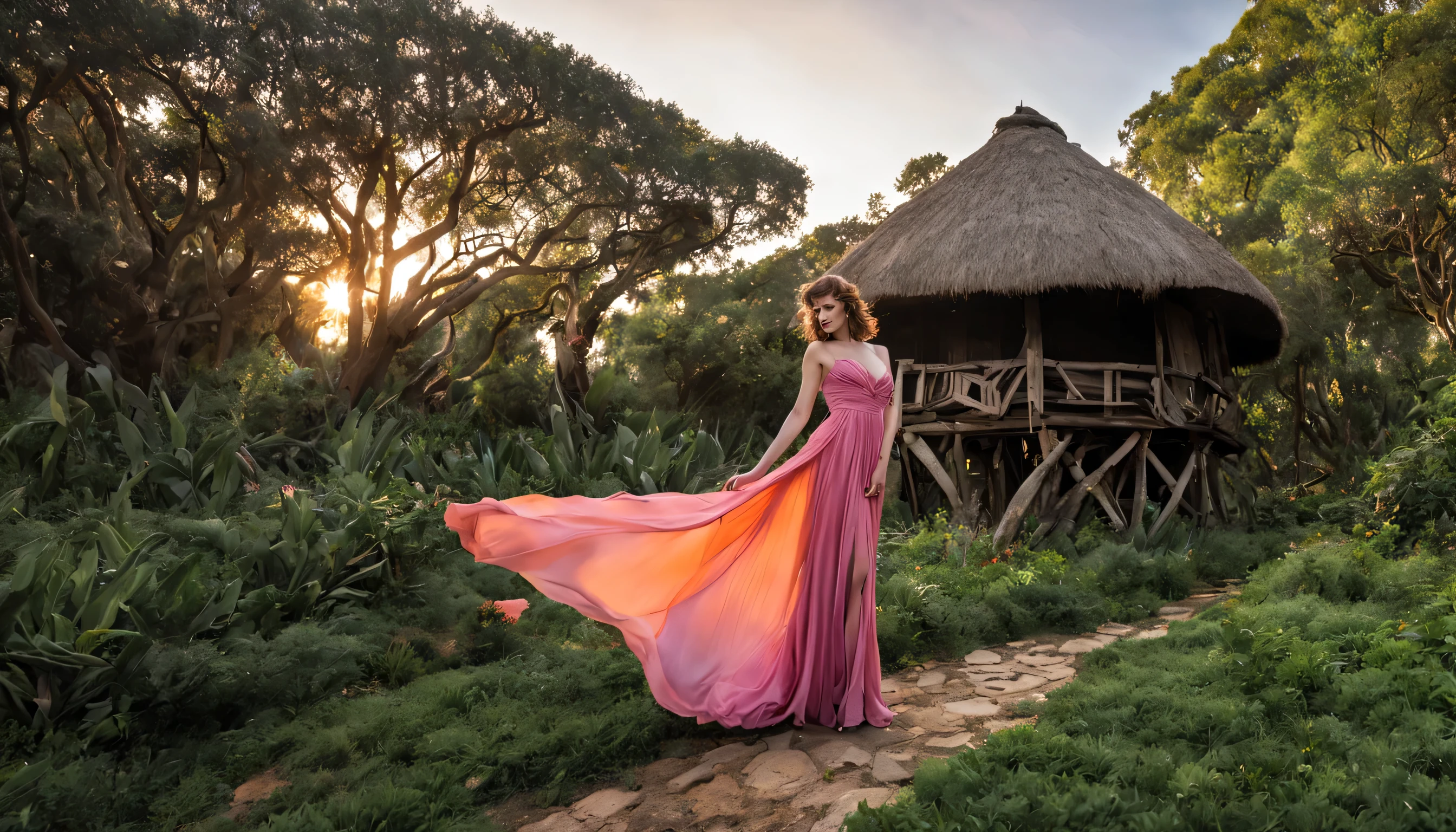 Graceful and fluttering nymph, "Milla Jovovich com vestido Ametista longo", in a scenario. mundo de fantasia encantador. Montanhas majestosas se erguem ao fundo, enquadrando um vale verdejante e sereno. Uma casa de campo pitoresca aparece em primeiro plano, with its rustic wooden structure and thatched roof, perfeitamente integrado no campo. O riacho cristalino que serpenteia perto da casa emite um som reconfortante, enquanto as cores suaves da natureza pintam uma paleta serena ao redor. Butterflies and bees dance in the small flower garden. The sunset paints the sky with shades of orange and pink, Creating a magical spectacle on the horizon.