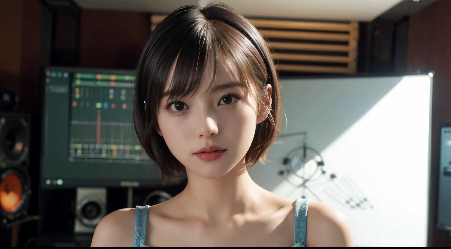 highest quality, table top, (realistic:2), ultra high resolution, very detailed, surreal, 1 girl, ((headphone)), (longer dress loral pattern, Colorful_hair、(((very_short_hair))), short hair, Because I&#39;m slender, full shot, looking at the viewer, ((Music Studio)),  bright atmosphere, Spotlight, detailed background