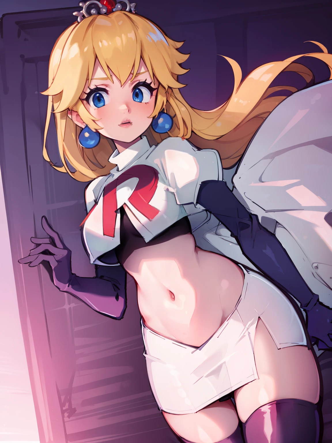 princess_peach, blonde hair ,earrings,team rocket,team rocket uniform, red letter R, white skirt,white crop top,black thigh-highs,black elbow gloves