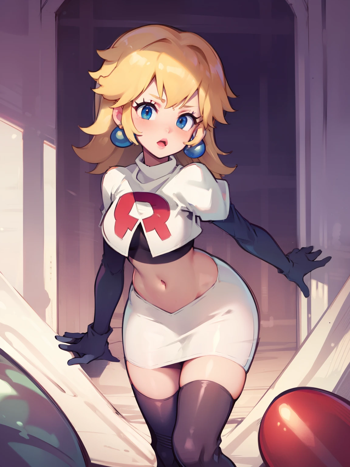 princess_peach, blonde hair ,earrings,team rocket,team rocket uniform, red letter R, white skirt,white crop top,black thigh-highs,black elbow gloves