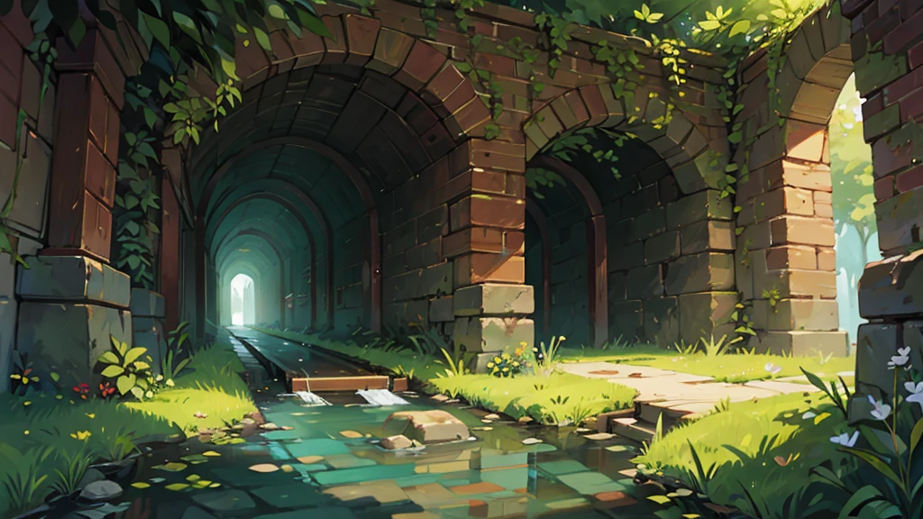 brick tunnel, green road, clear water, mysterious