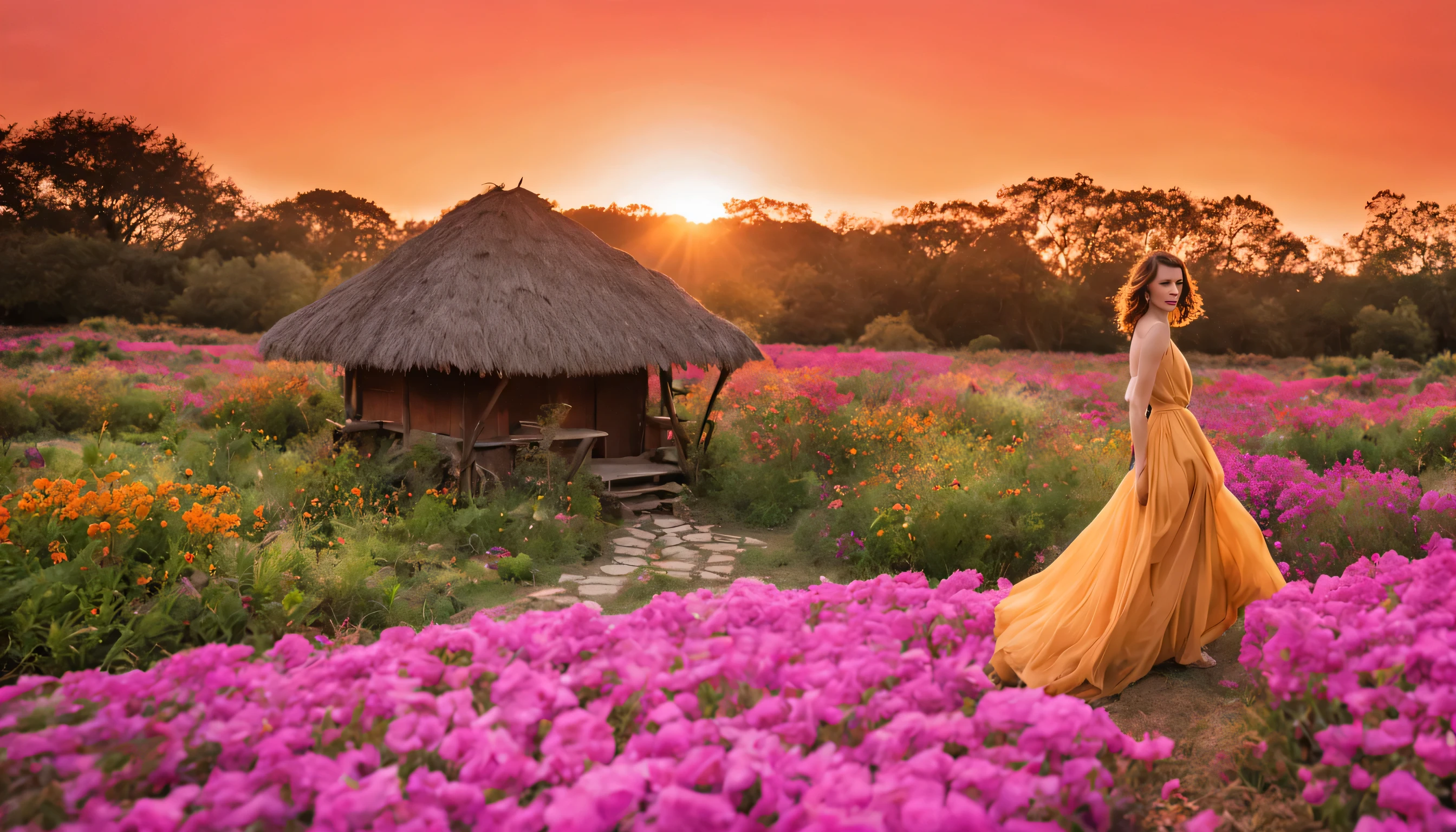 Graceful and fluttering nymph, "Milla Jovovich com vestido Ametista longo", in a scenario. mundo de fantasia encantador. Montanhas majestosas se erguem ao fundo, enquadrando um vale verdejante e sereno. Uma casa de campo pitoresca aparece em primeiro plano, with its rustic wooden structure and thatched roof, perfeitamente integrado no campo. O riacho cristalino que serpenteia perto da casa emite um som reconfortante, enquanto as cores suaves da natureza pintam uma paleta serena ao redor. Butterflies and bees dance in the small flower garden. The sunset paints the sky with shades of orange and pink, Creating a magical spectacle on the horizon.