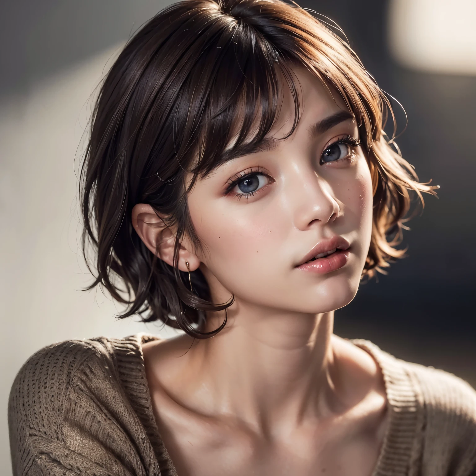 (Representative works:1.3), (8K, photorealistic, RAW photo, Highest image quality: 1.4), (1girl), beautiful face, (realistic face), (dark brown hair、short hair:1.3), beautiful hairstyle, realistic eyes, beautiful detailed eyes, (realistic skin), beautiful skin, (sweater), disorganized, Charm, ultra high resolution, Super realistic, High definition, golden ratio、Gray background