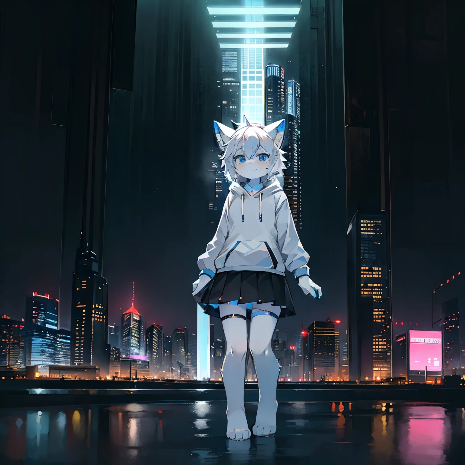 Solo, kemono, femboy, white hair, light blue eyes, wear white hoodie, wear black skirt, wear black headphone, smile, look at camera, stand on high building, cyberpunk city and lake background, night time, high details