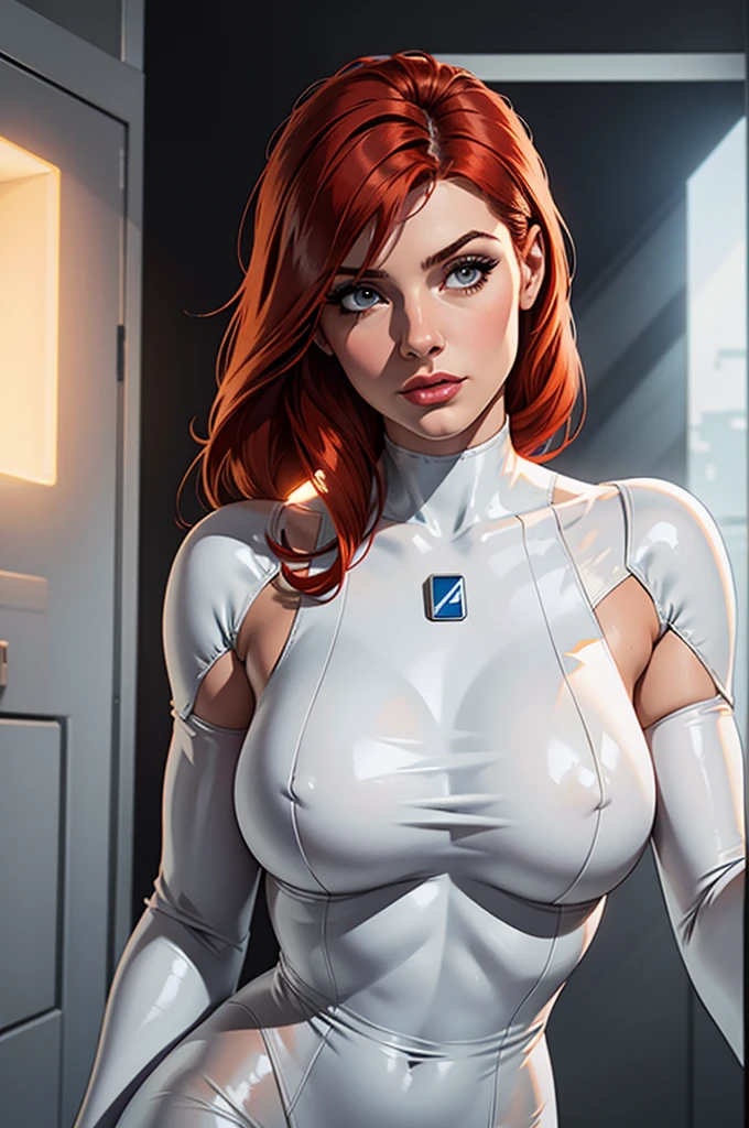 (best quality,8k:1.2,high resolution:1.2),ultra-detalhado,Realistic,science fiction female,red hair,rosto extremamente detalhados,long eyelashes,Collant de nylon branco Apertado,white pantyhose,white gloves, white Glossy plastic accessories,Physically-based rendering,foco nítido,studio lighting