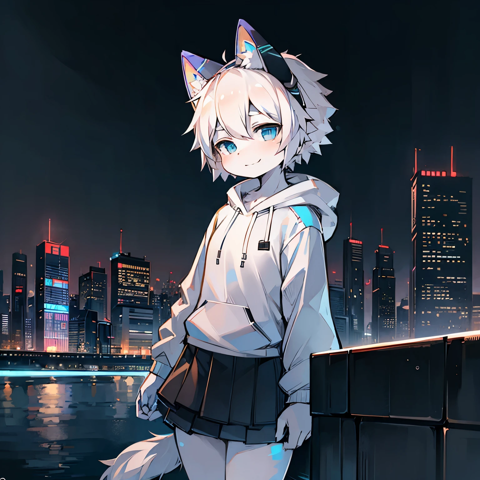 Solo, kemono, femboy, white hair, light blue eyes, wear white hoodie, wear black skirt, wear black headphone, smile, look at camera, stand on high building, cyberpunk city and lake background, night time, high details