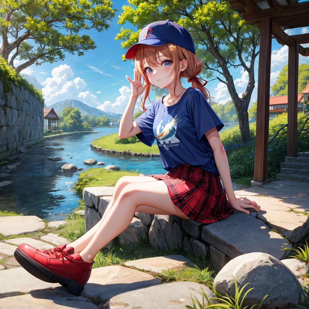 Red-blonde、blue hair、blue eyeraid、one good looking girl、solo、anime、Plaid miniskirt、black t-shirt、camisole、forest、sitting、Wearing a plaid baseball cap、Tilting your face、Doing the ribbon、sunset sky、stone bridge、stone stairs、petal、A small bird  flying、big tree、tunnel、Bang、stretching one&#39;s back、Fallen leaveixing glasses、Overlooking view