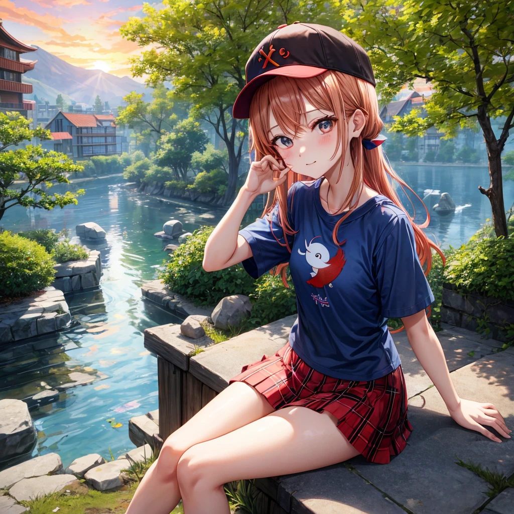 Red-blonde、blue hair、blue eyeraid、one good looking girl、solo、anime、Plaid miniskirt、black t-shirt、camisole、forest、sitting、Wearing a plaid baseball cap、Tilting your face、Doing the ribbon、sunset sky、stone bridge、stone stairs、petal、A small bird  flying、big tree、tunnel、Bang、stretching one&#39;s back、Fallen leaveixing glasses、Overlooking view