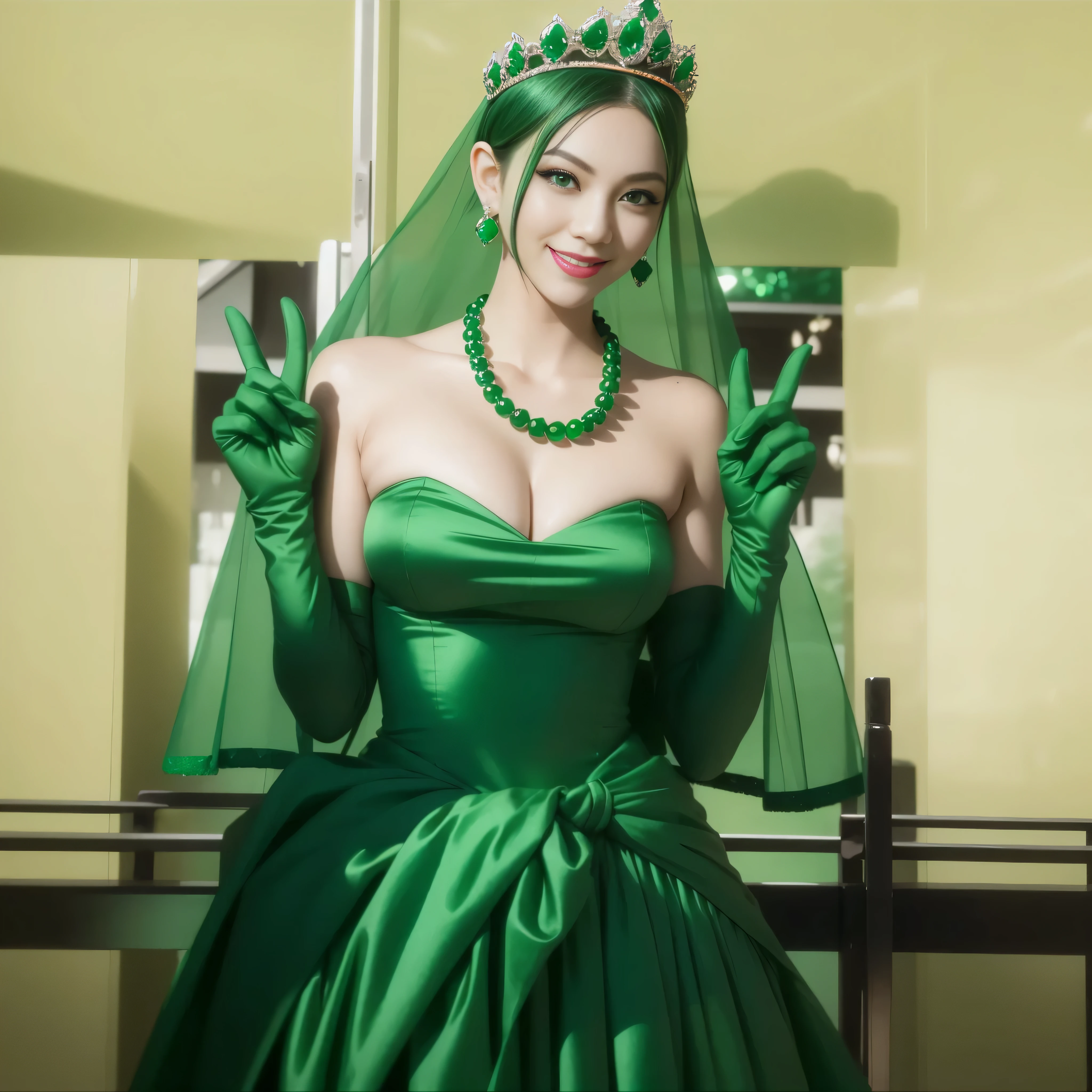 emerald tiara, green pearl necklace, boyish very short green hair, lipstick, smiling Japanese woman, very short hair, big breasts beautiful, green eyes, Long Green Satin Gloves, green eyes, V sign, emerald earrings, green veil