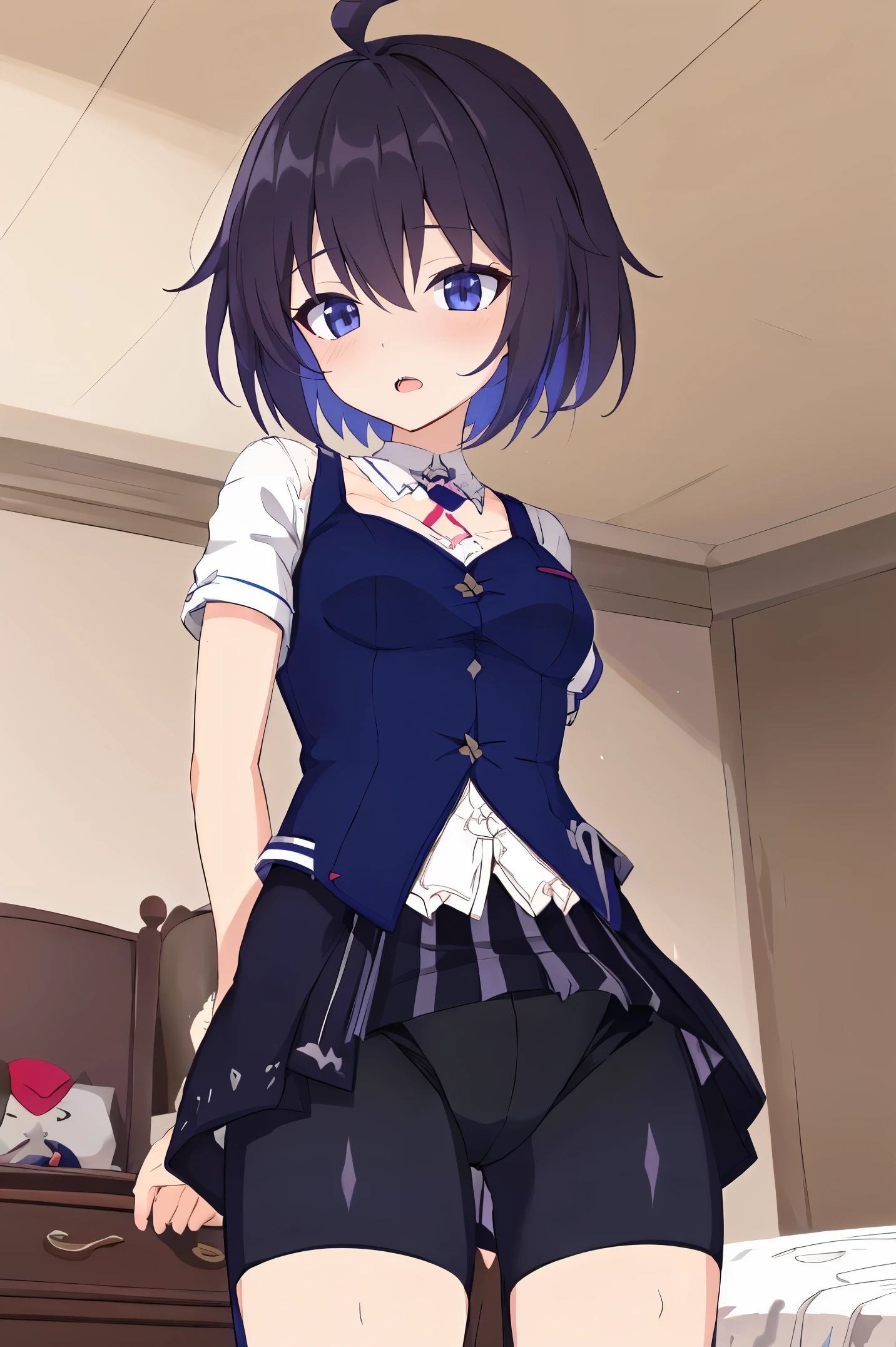 1 girl, best quality, ultra high res, ahoge, Seele Vollerei, looking at viewers, medium breast, standing, smile, small body, open mouth, azure memories, short sleeves, Bike Shorts, bedroom, white bed sheets, pov, chest tattoo, Skirt, Bike Shorts Under Skirt,