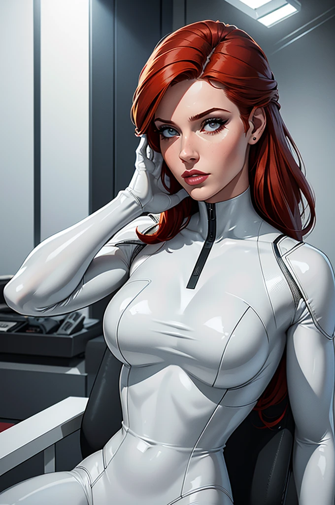 (best quality,8k:1.2,high resolution:1.2),ultra-detalhado,Realistic,science fiction female,red hair,rosto extremamente detalhados,long eyelashes,Collant de nylon branco Apertado,white gloves, white Glossy plastic accessories,Physically-based rendering,foco nítido,studio lighting
