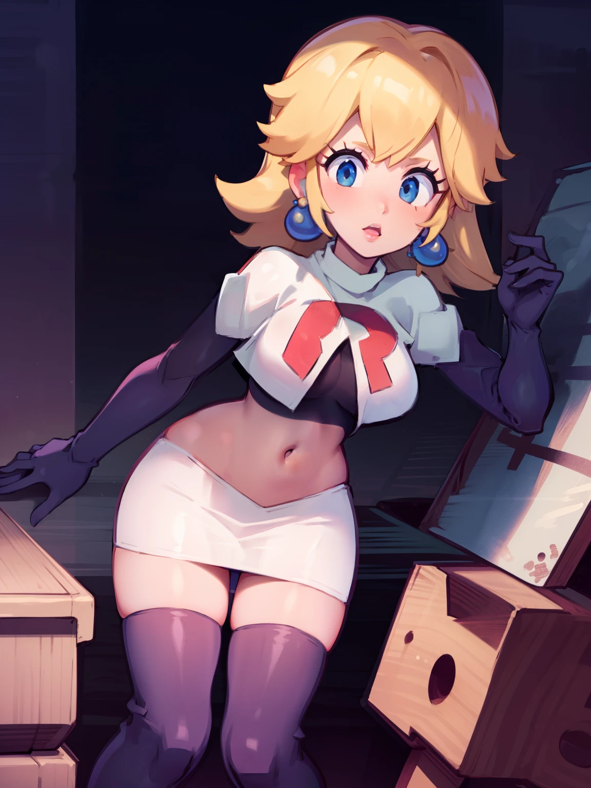 princess_peach, blonde hair ,earrings,team rocket,team rocket uniform, red letter R, white skirt,white crop top,black thigh-highs,black elbow gloves