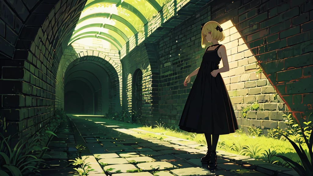 (1 girl, blonde hair, black sundress, kawaii), (brick tunnel, green road, clear water, mysterious), (low contrast, flat color, limited palette)