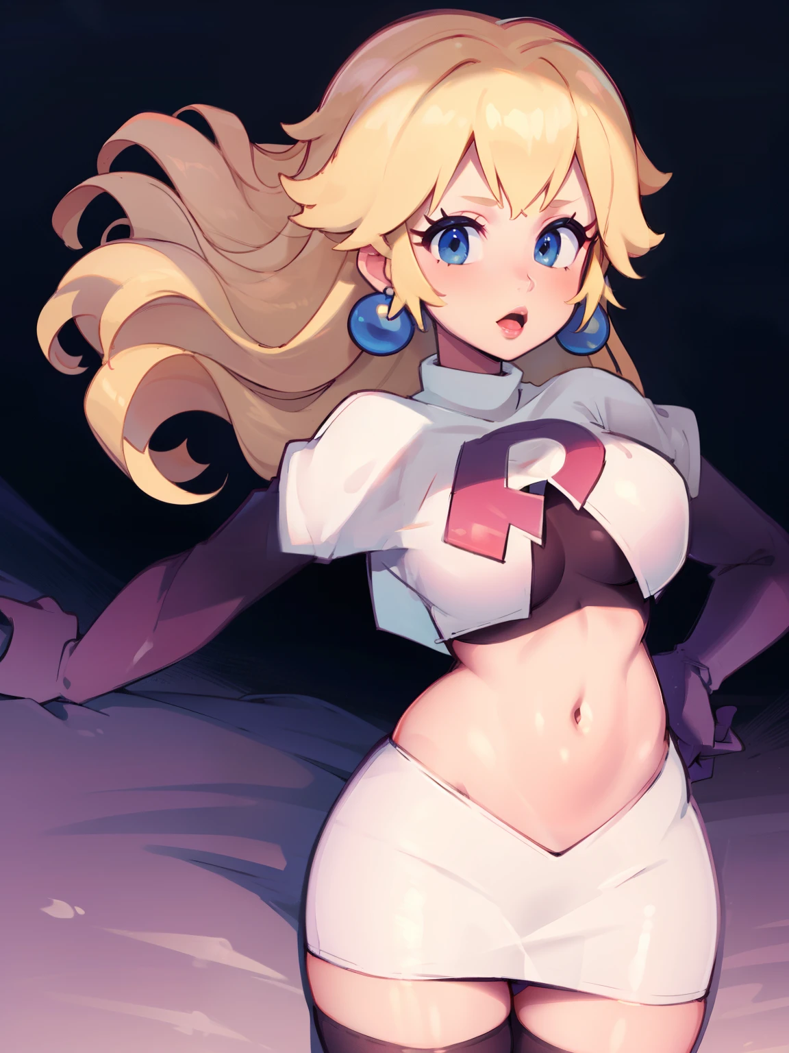 princess_peach, blonde hair ,earrings,team rocket,team rocket uniform, red letter R, white skirt,white crop top,black thigh-highs,black elbow gloves