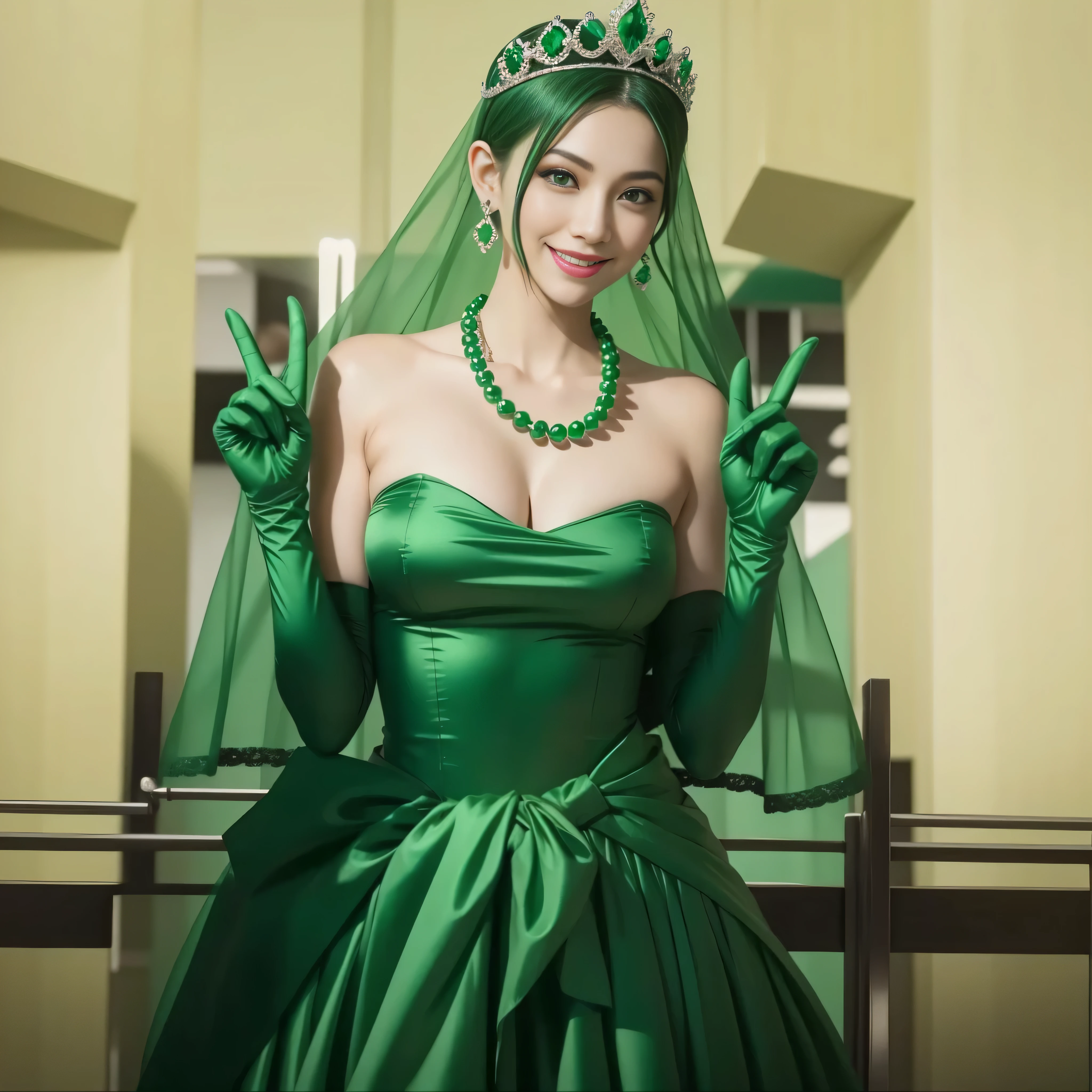 emerald tiara, green pearl necklace, boyish very short green hair, lipstick, smiling Japanese woman, very short hair, big breasts beautiful, green eyes, Long Green Satin Gloves, green eyes, V sign, emerald earrings, green veil
