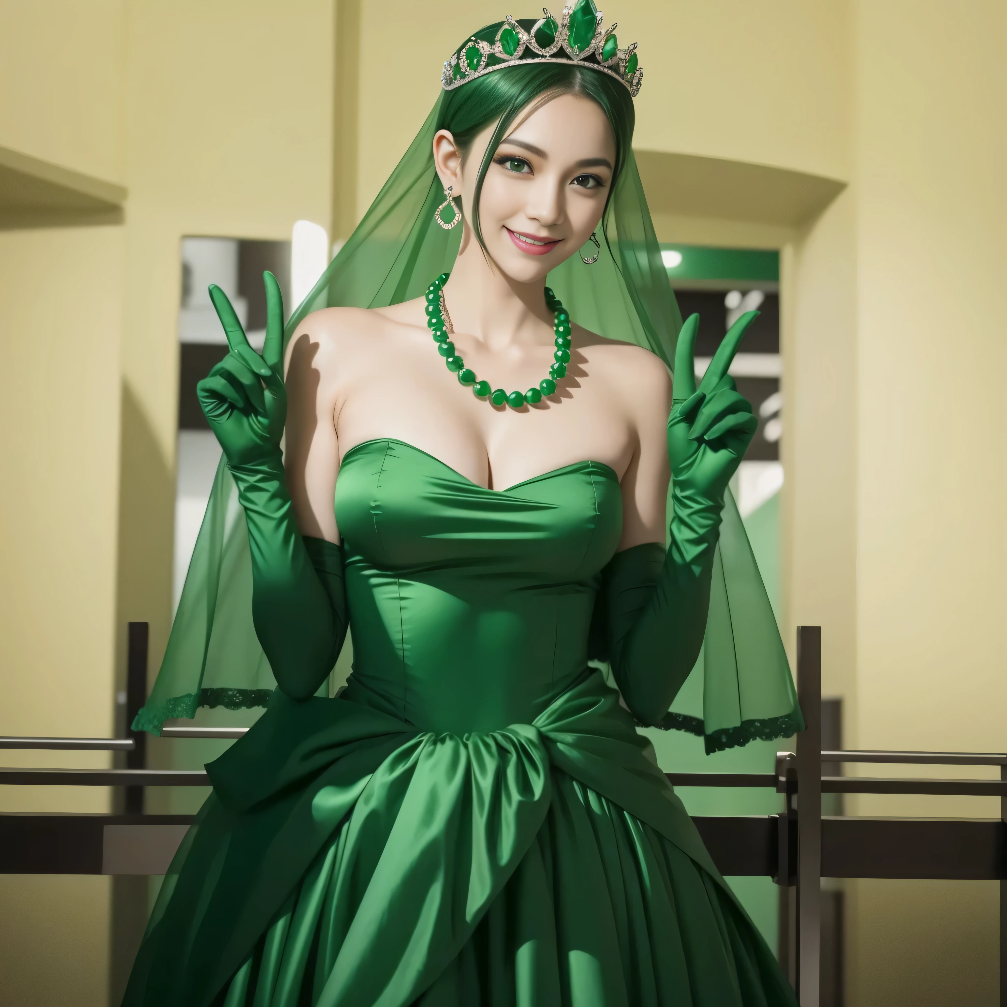 emerald tiara, green pearl necklace, boyish very short green hair, lipstick, smiling Japanese woman, very short hair, big breasts beautiful, green eyes, Long Green Satin Gloves, green eyes, V sign, emerald earrings, green veil
