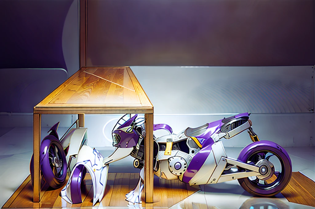 Ultra high resolution, extremely detailed raw photograph, close-up,  (half transformation), human motorcycle shiny smooth liquid metal motorcycle hybridization metamorphosis, wearing partial sportsbike costume quadsuit, inside auto dealership garage, (half human), ((((purple gold)))), ((liquid metal goo partial encasement)), human motorcycle hybrid