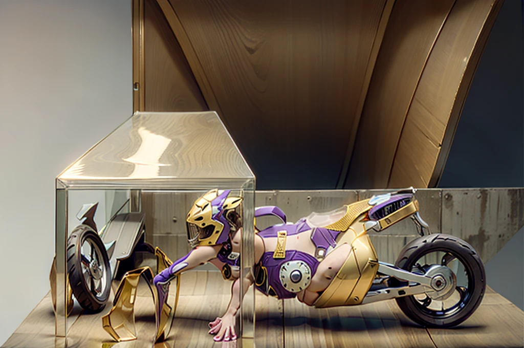 Ultra high resolution, extremely detailed raw photograph, close-up,  (half transformation), human motorcycle shiny smooth liquid metal motorcycle hybridization metamorphosis, wearing partial sportsbike costume quadsuit, inside auto dealership garage, (half human), ((((purple gold)))), ((liquid metal goo partial encasement)), human motorcycle hybrid