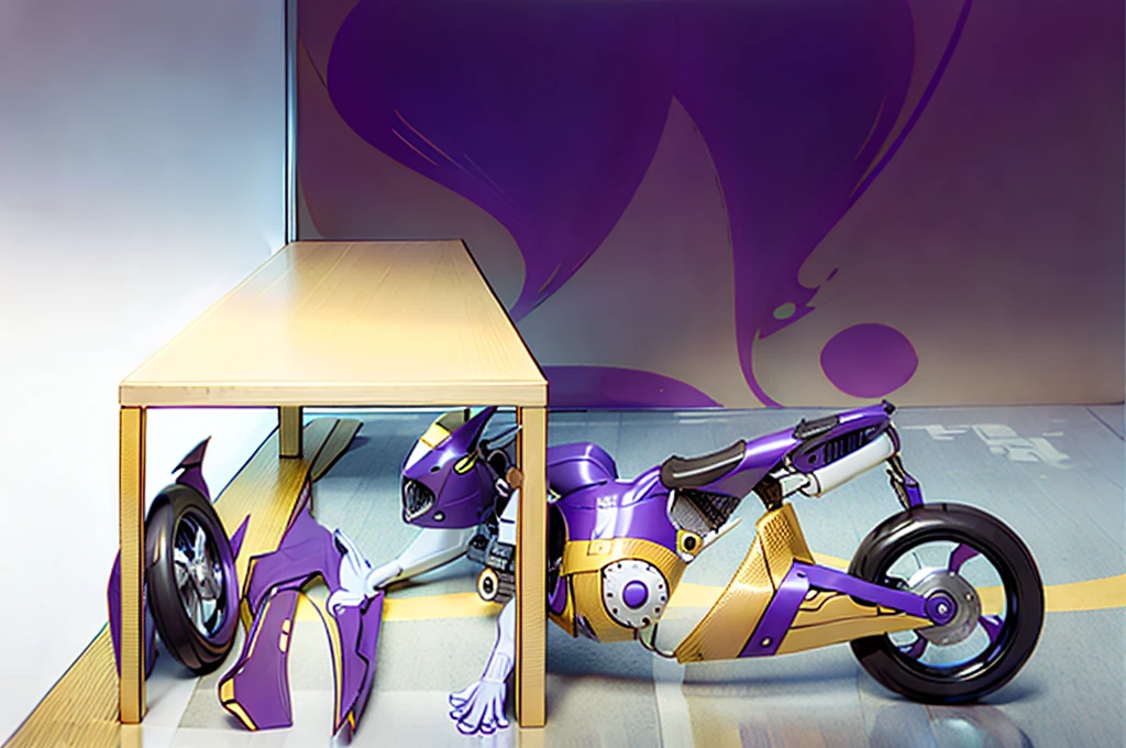 Ultra high resolution, extremely detailed raw photograph, close-up,  (half transformation), human motorcycle shiny smooth liquid metal motorcycle hybridization metamorphosis, wearing partial sportsbike costume quadsuit, inside auto dealership garage, (half human), ((((purple gold)))), ((liquid metal goo partial encasement)), human motorcycle hybrid