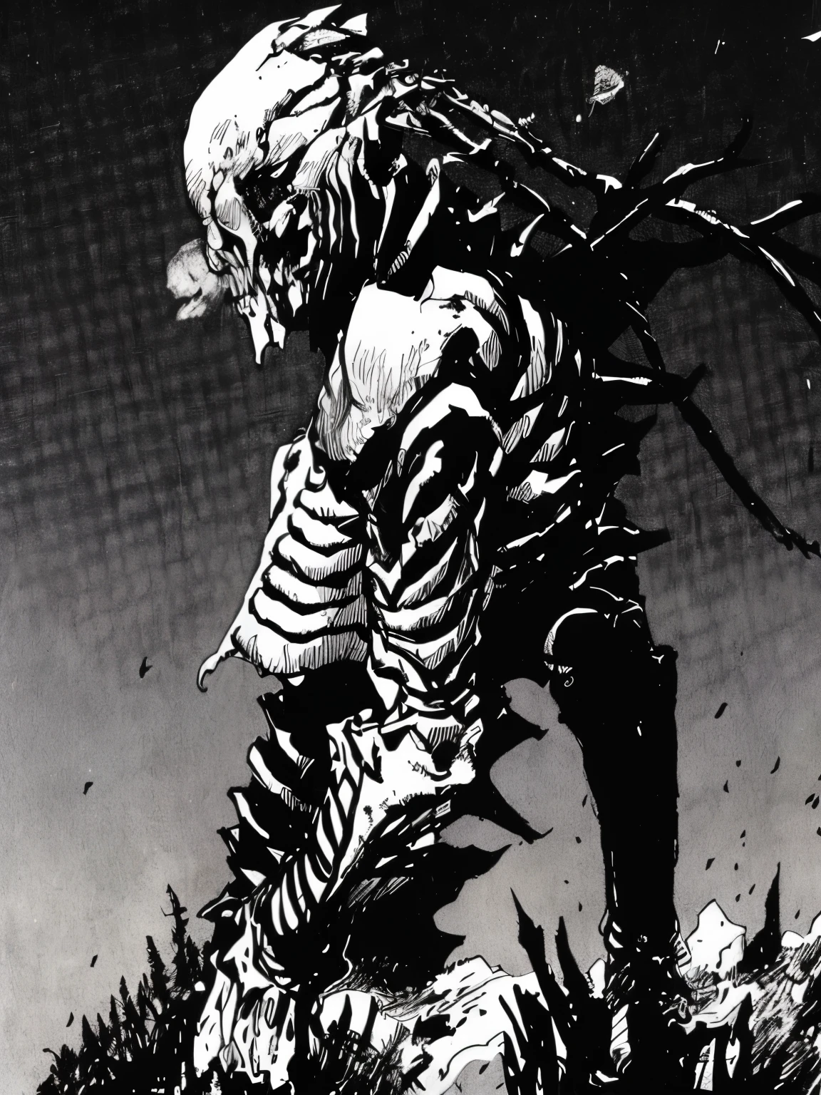 Close-up of man with skeleton on mountain, in berserk comics, Mike Deodato Jr., Inspired by Bernie Whitson, Doroedoro, style of bernie wrightson, berserk comics, from rage, inspired by Ian Miller, Inspired by Mike Deodato, Dwayne Barlow, jeffrey jones, as an ugly titan