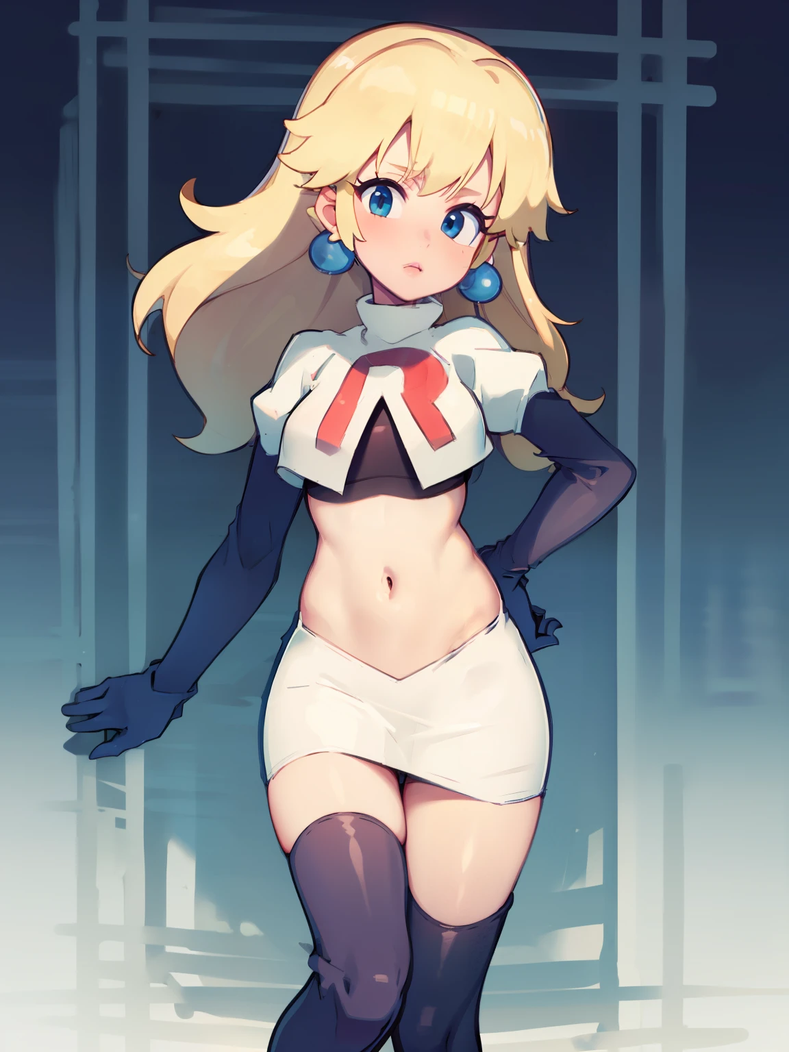 princess_peach, blonde hair ,earrings,team rocket,team rocket uniform, red letter R, white skirt,white crop top,black thigh-highs,black elbow gloves