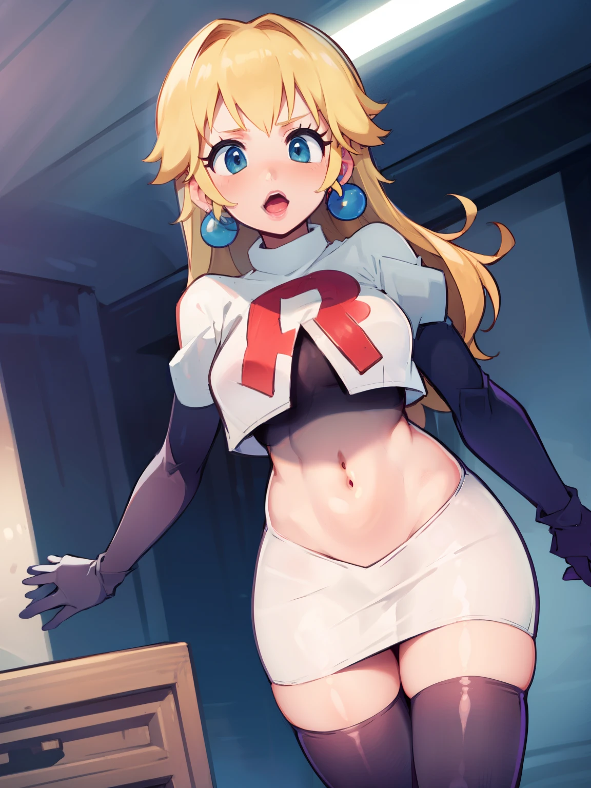 princess_peach, blonde hair ,earrings,team rocket,team rocket uniform, red letter R, white skirt,white crop top,black thigh-highs,black elbow gloves