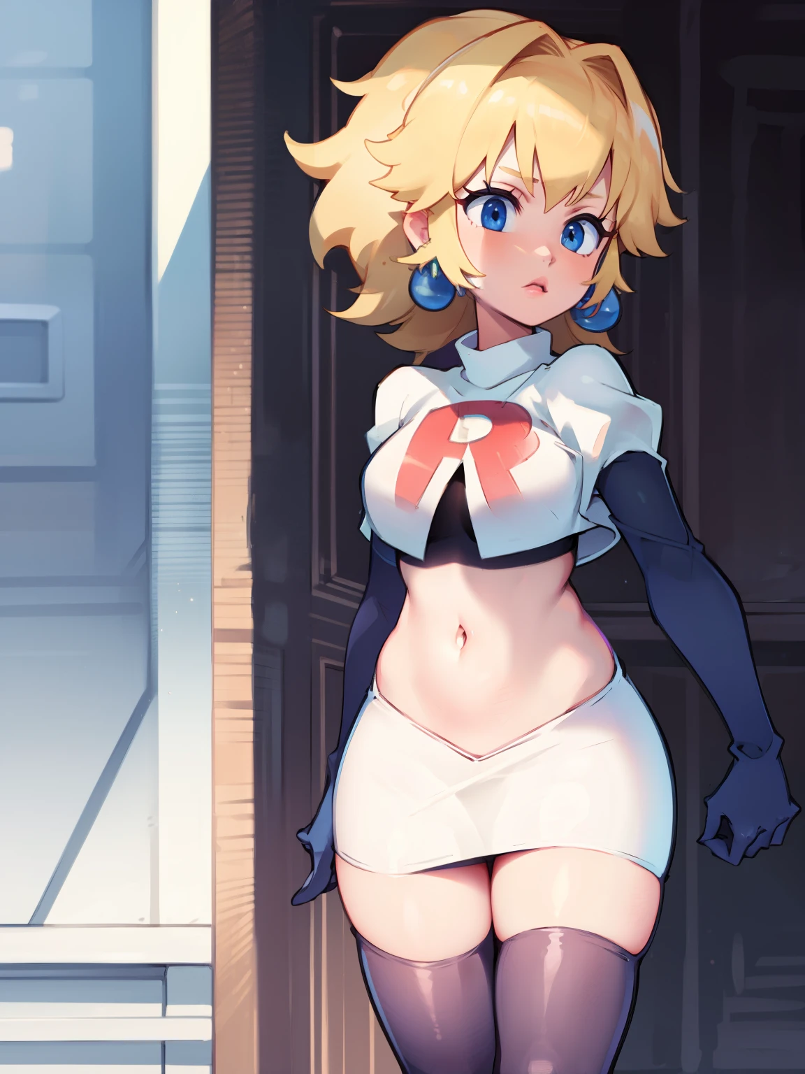 princess_peach, blonde hair ,earrings,team rocket,team rocket uniform, red letter R, white skirt,white crop top,black thigh-highs,black elbow gloves