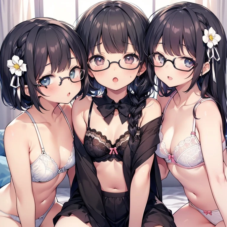 Super detailed, best quality, High resolution, Moe anime, ((((Three cute little girls with black hair wear round glasses and make love to each other.)))), (baby face), Tareme:1.4, cute eyes, detailed eye description, brilliance of eyes, Looking at Viewer, pale skin, (((petite))), (((face only:1.3))), (Big eyes:1.5), embarrassing, ????, focus on the face, ((bust shot)), bright eyes, open mouth, At the bed, ((white lace bra, white lace panties)), ????, ??????? are showing through