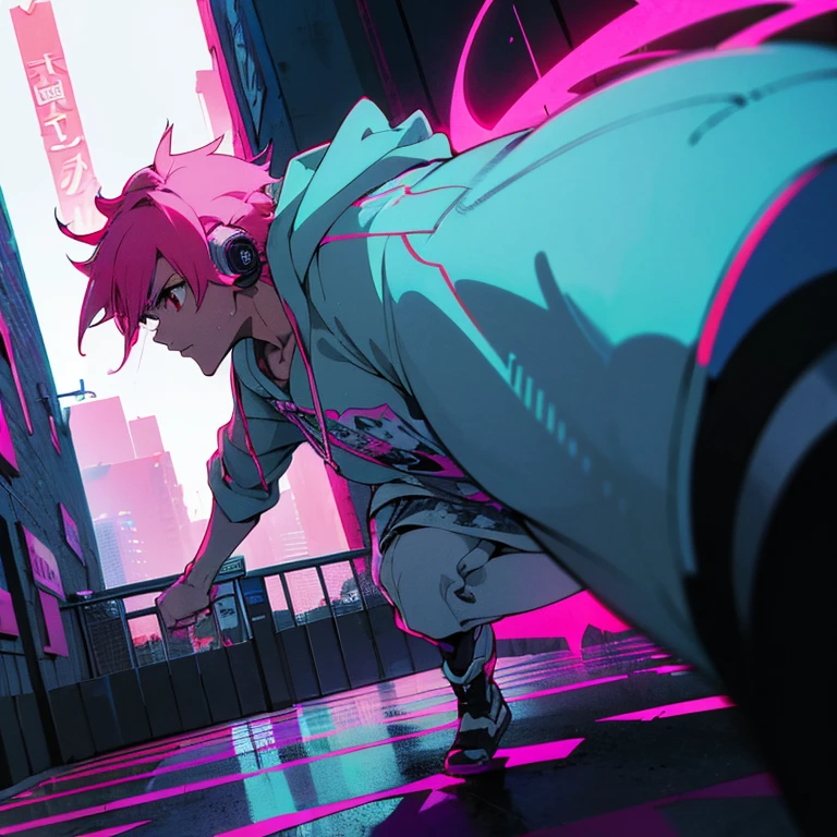 (shortcut), (two block hair), (bright pink hair), (male character), (red eyes), (cool pose), (top quality), (masterpiece), (Super detailed), (oversized hoodie), (Street style), (neon), (modern city), (neonデイライト), (cinematic), (stylish), (High resolution), (hyper-detailed), (soft town), (Nightcore), (a handsome guy), (he is listening to music on headphones), (natural appearance of the building), (casual), (IGスタジオanime style), (standing pose), (Shooting from a low angle), (anime style), (multiple angles)