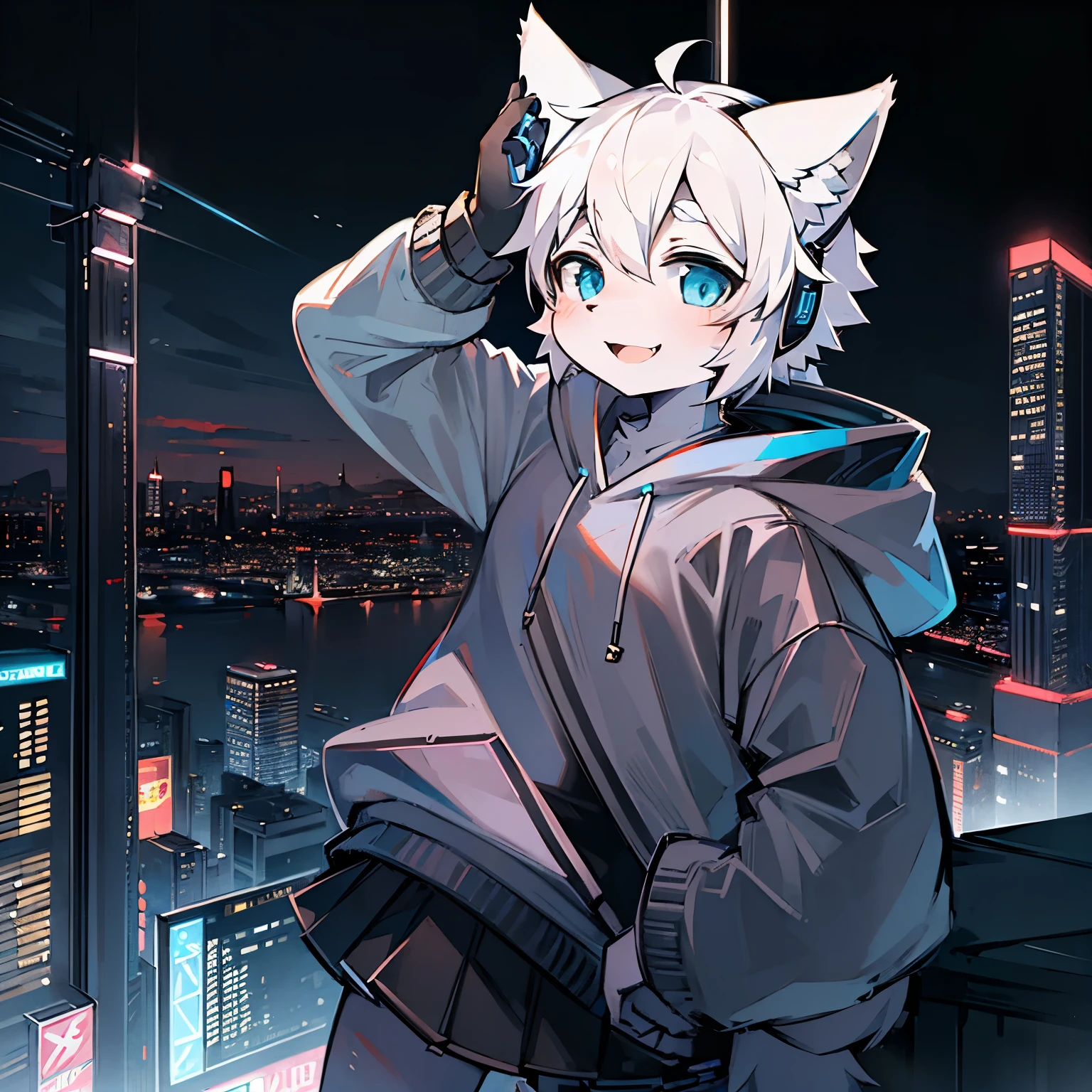 Solo, kemono, femboy, white hair, light blue eyes, wear white hoodie, wear black skirt, wear black headphone, smile open mouth, look at camera, stand on high building, cyberpunk city and lake background, night time, high details