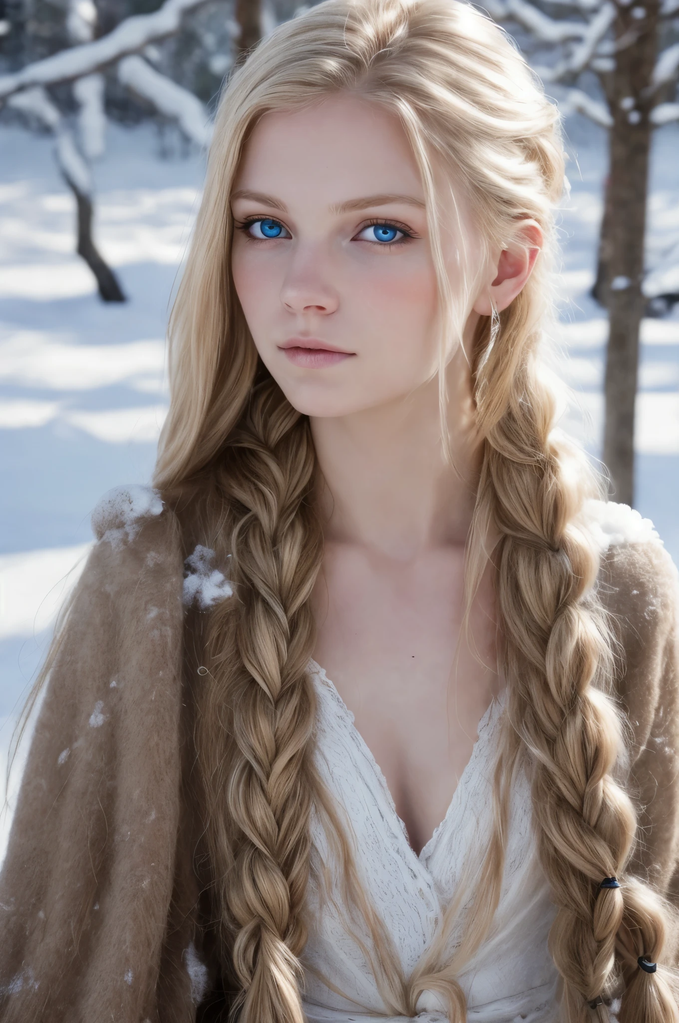 (Realistic:1.2), Analog Photography Style, Scandinavian warrior woman, fantastic snowy setting, braided blonde hair, whole body, Soft natural light, Cute and sexy, Pleasure, detailed face and blue eyes, Great quality, masterpiece, detailed northern background, Quality: 16K, raw photo